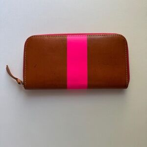 Clare V. Brown Leather Zip Wallet with Neon Pink Stripe